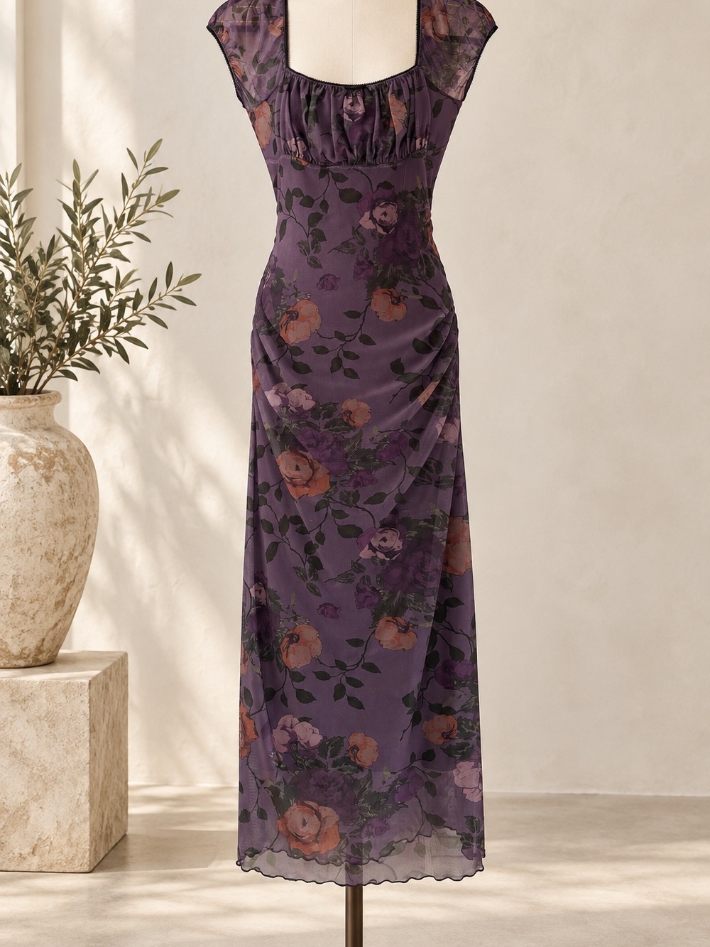 Maeve Anthropologie Puff-Sleeve Square-Neck Floral Mesh Midi Dress NWT